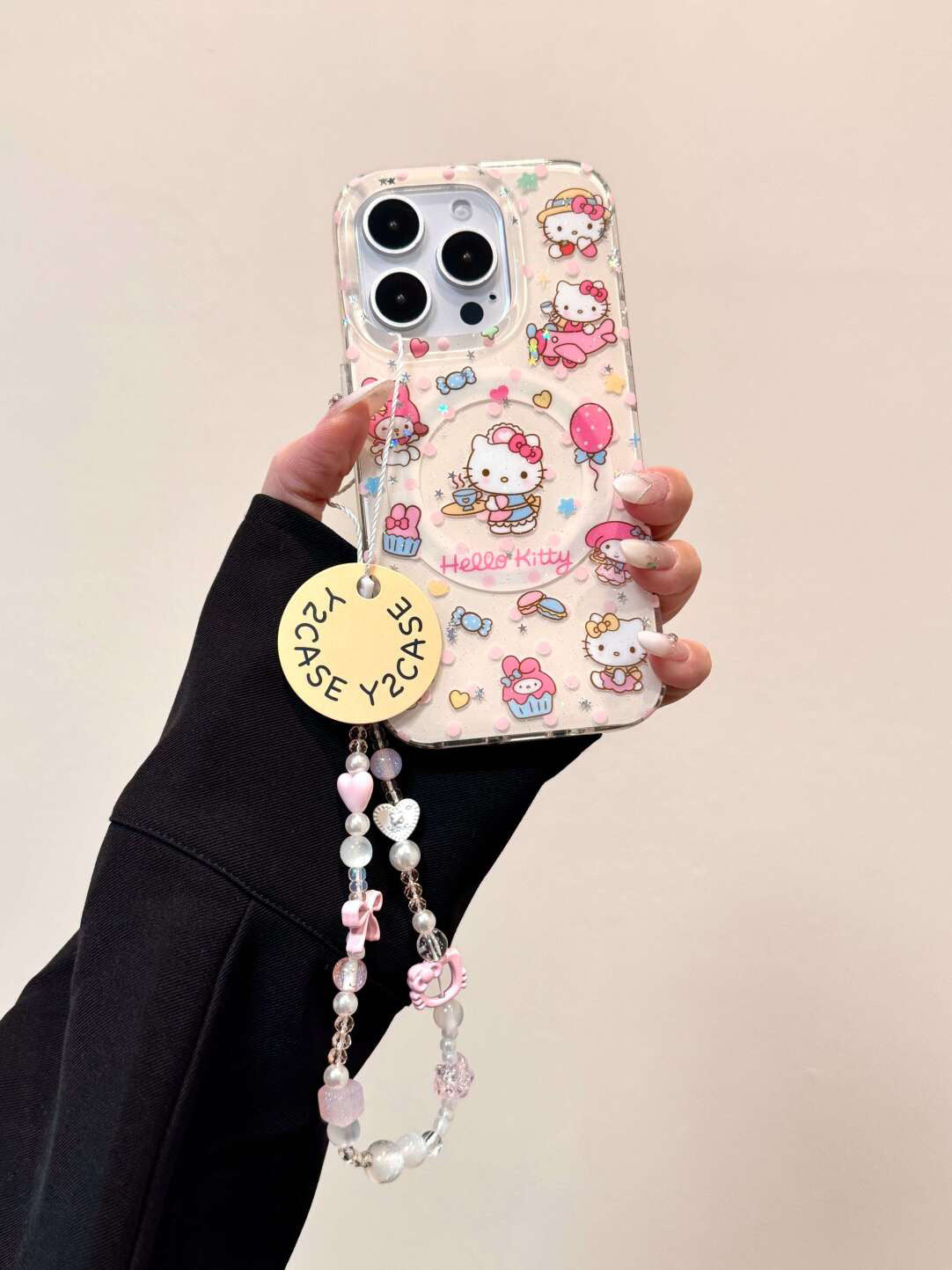 Ameigas Magnetic Maid Kitty Case - Cute Heart & Lace Design with Detachable Pearl Chain & 2-Layer IMD Protection