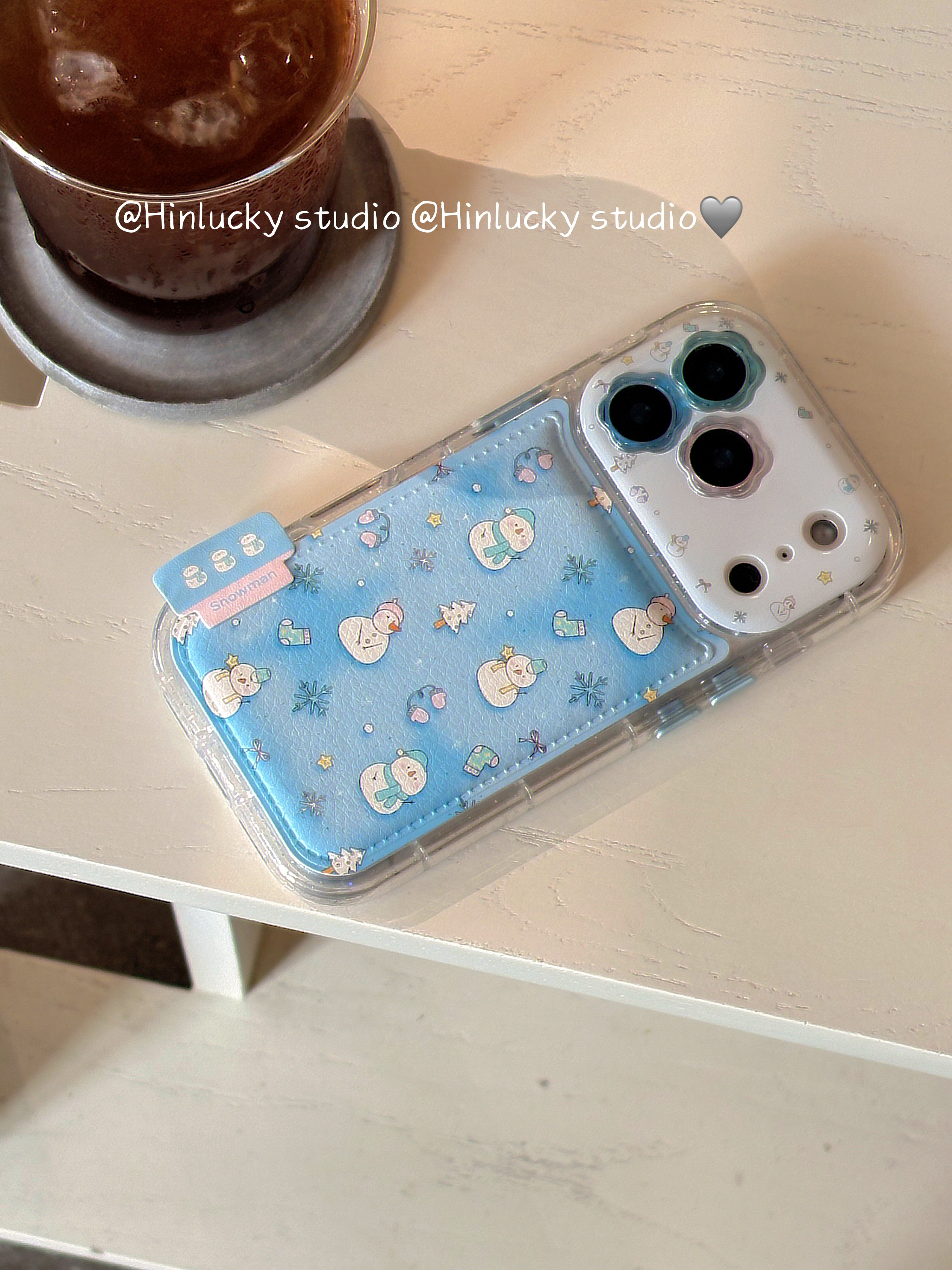 Ameigas Frostfell Collage Case - Blue Snowflake & Snowman Leather Cover for iPhone