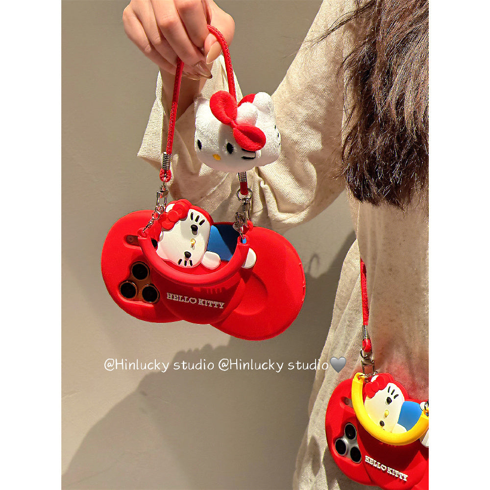 Ameigas Bow-Tie Kitty Strap Case - Red Ribbon Cat with Crossbody Strap Silicone Cover