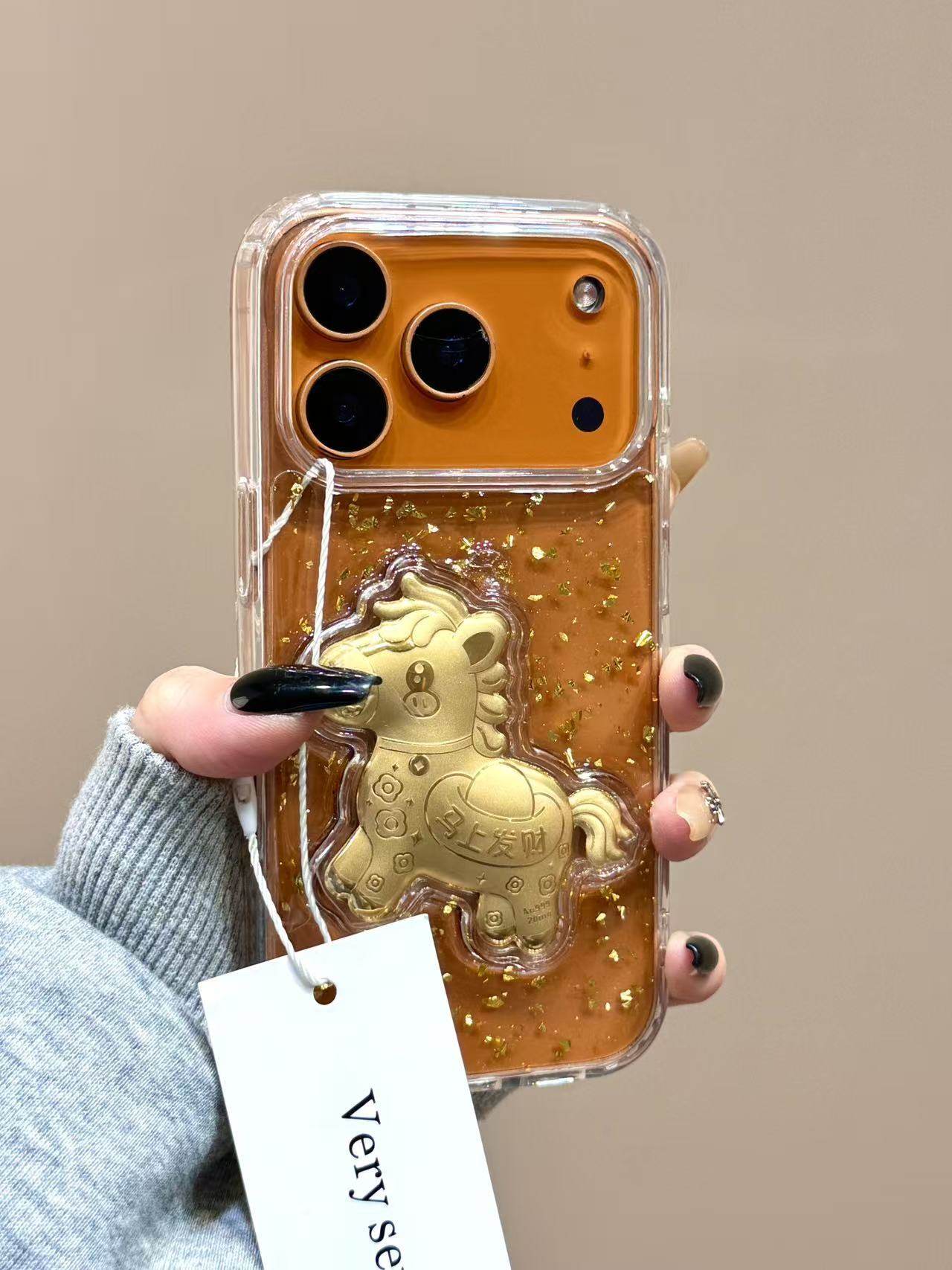 Ameigas Gold Leaf Resin Case - "Instant Prosperity & Wealth" Design with Floating Gold Flakes