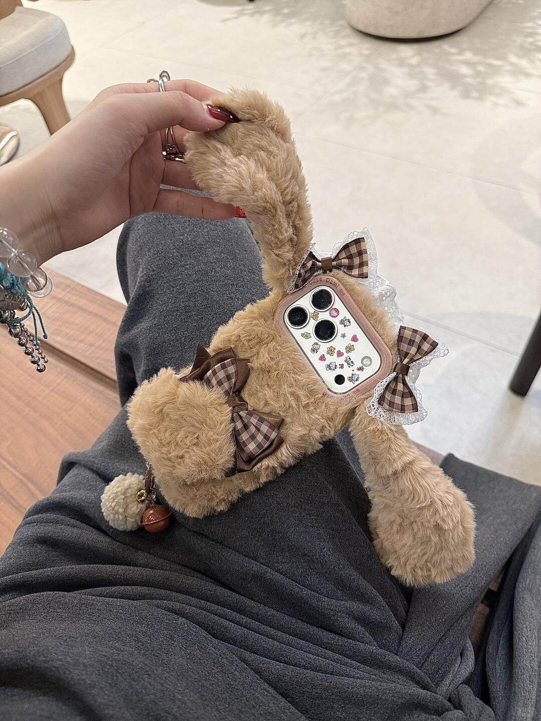 Ameigas Plaid Plush Case - Brown Check with Faux Fur, Lace & Bunny Ears Design