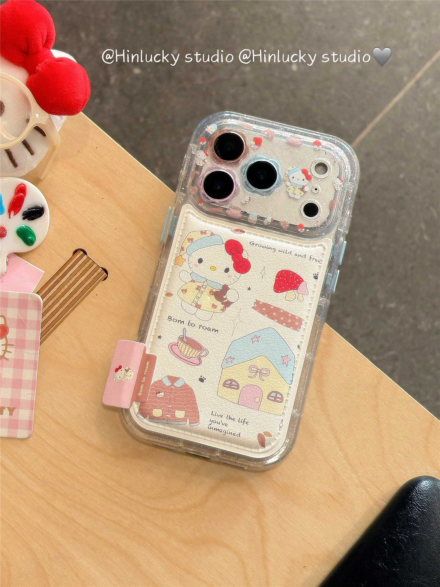 Ameigas Doodle Cafe Case - Cartoon House & Cat Leather Cover with Chain