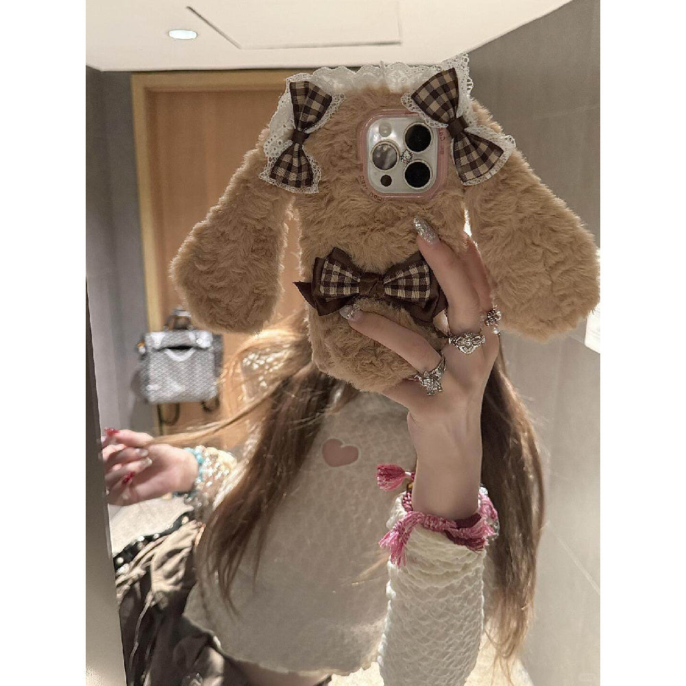 Ameigas Plaid Plush Case - Brown Check with Faux Fur, Lace & Bunny Ears Design