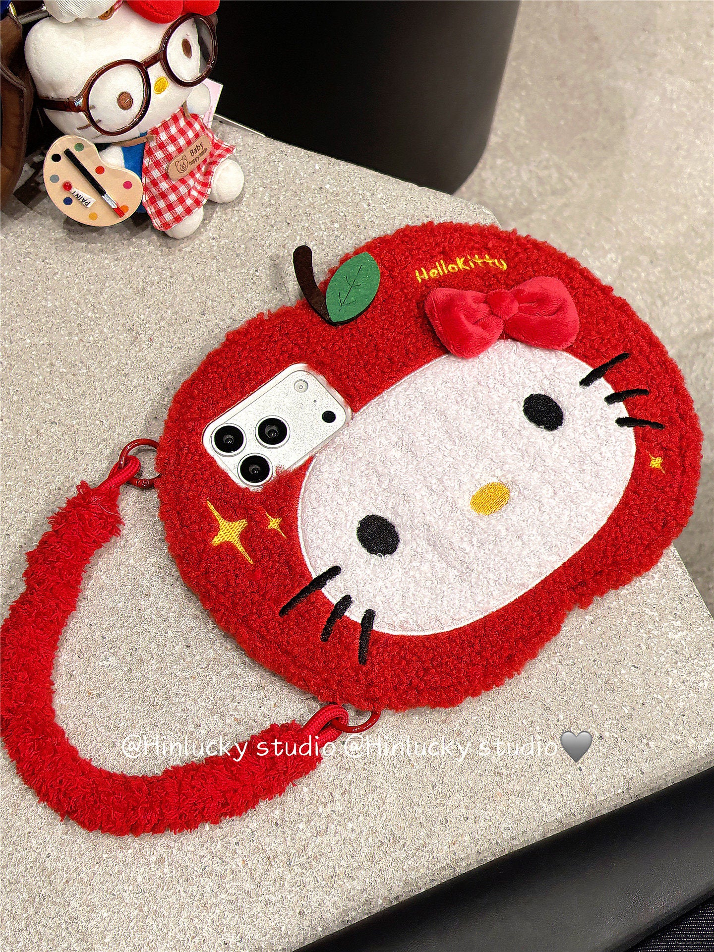 Ameigas Plush Flip Case - Cozy Red Apple Cat with Detachable Wrist Strap