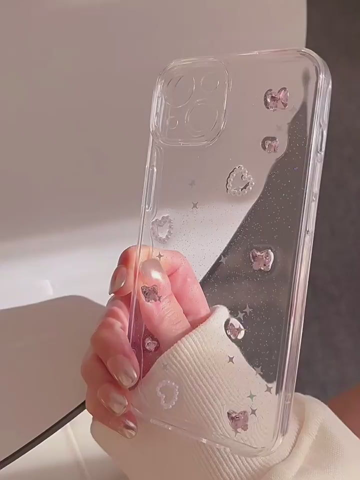 Ameigas Cute INS Transparent Diamond iPhone Case – 3D Resin Design, Hard Full-Coverage Shell for iPhone 12–17