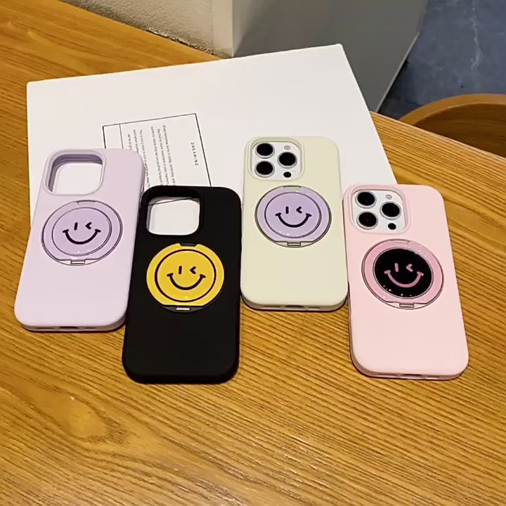 Ameigas Minimalist Smiley Liquid Silicone iPhone Case – Elegant Solid Color with Foldable Stand and Shockproof Protection