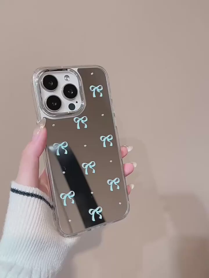 Ameigas INS Blue Bow Mirror iPhone 16 Pro Max Case – Full Hard Cover for iPhone