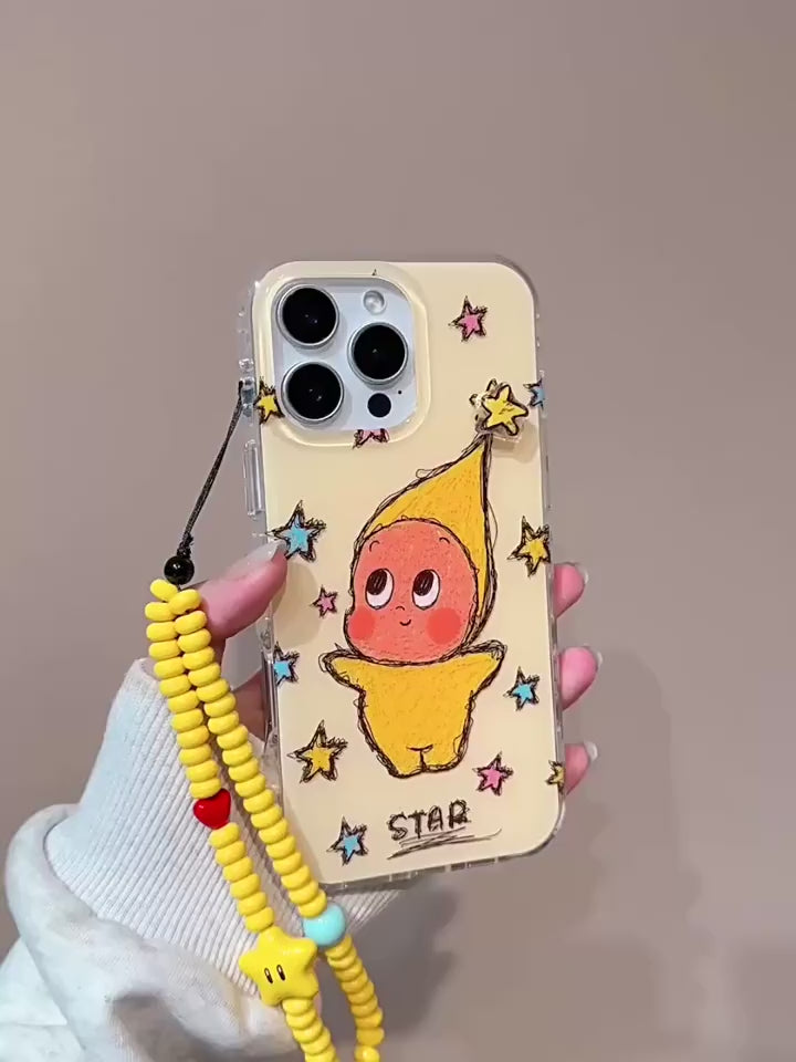 Ameigas Minimalist INS-Style Yellow Star Cartoon iPhone Case – Elegant Dual-Layer Design with Chain for Full Protection