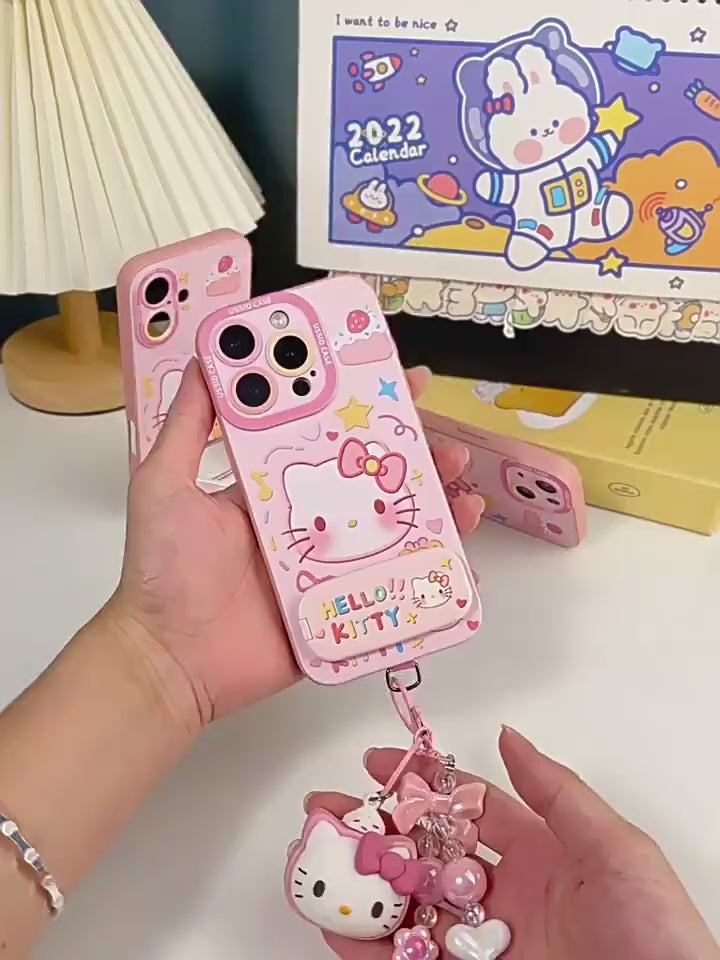 Ameigas Kitty Pink Mirror Chain Silicone Protective Phone Case