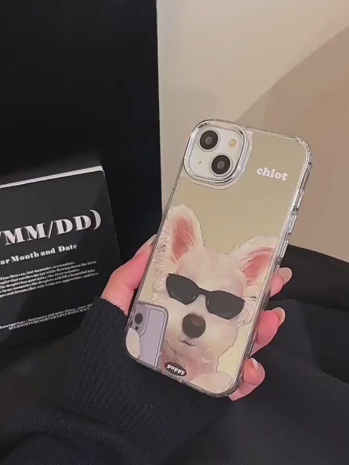Ameigas Cute Dog iPhone Case with Sunglasses – Mirror Cartoon Design, Shockproof Cover for iPhone